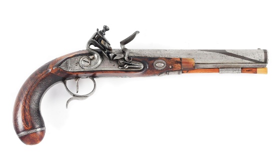 (A) AN EXTREMELY ATTRACTIVE PHILIP CREAMER FLINTLOCK PISTOL WITH SILVER INLAYS AND COPPER BANDS, EX.