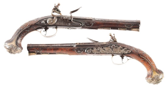 (A) STUNNING, NEVER PUBLICLY OFFERED, PAIR OF DANIEL MOORE PRESENTATION PISTOLS WITH SOLID SILVER MO