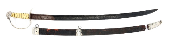 JOHN WALRAVEN HALLMARKED MARYLAND SILVER HILTED EAGLE HEAD POMMEL SWORD WITH LEATHER SCABBARD.