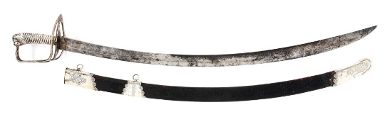 SILVER PLATED LION POMMEL CAVALRY SABER WITH BOLDLY ENGRAVED SCABBARD.