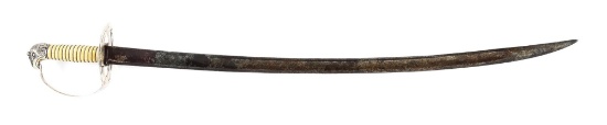 SILVER HILTED MARYLAND EAGLE POMMEL SWORD WITH ORNATE GUARD AND BLADE INSCRIPTION.