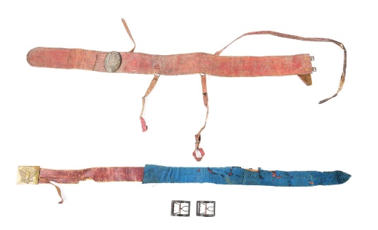 LOT OF 3: WAR OF 1812 BELT, FEDERAL PERIOD BELT, AND SHOE BUCKLES.