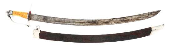 STATELY EAGLE HEAD HORSEMAN'S SABER WITH LEATHER SCABBARD.