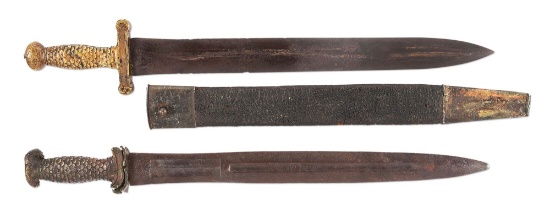 LOT OF 2: CONFEDERATE CS QUILLON ARTILLERY SHORT SWORD AND DAMAGED US AMES 1832 ARTILLERY SHORT SWOR