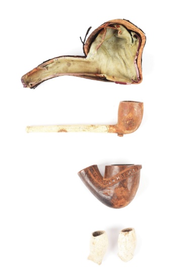LOT OF 5 PIPES AND RELATED PARAPHENALIA, INCLUDING CARVED PIPE OF SURGEON J.C. SHIMER FREDERICK MD G