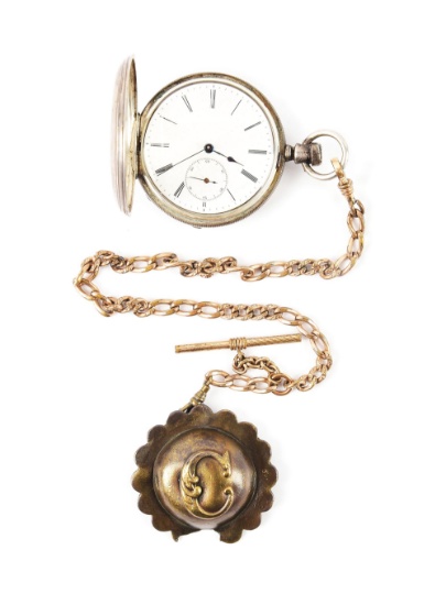 POCKET WATCH WITH CONFEDERATE CAVALRY BRIDLE ROSETTE AS WATCH FOB.