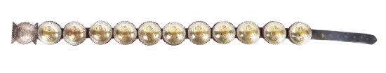 VINTAGE SILVER MEXICAN CONCHO BELT WITH NAVAJO INDIAN BUCKLE.
