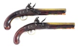 (A) PAIR OF HODGSON & THOMPSON FLINTLOCK PISTOLS WITH BRASS BARRELS MARKED 