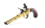 (A) JAMES HASLETT ENGRAVED DOUBLE BARREL BRASS PISTOL.
