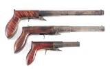 (A) LOT OF 3: 3 UNDERHAMMER PERCUSSION PISTOLS IN VARIOUS SIZES RETAILED BY E. HUTCHINGS, 2 BY RUGGL