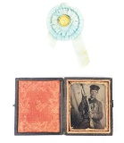 CIVIL WAR MARLAND SECCESSION COCKADE, TINTYPE OF SOLDIER WITH MISSISSIPPI.