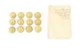 LOT OF CIVIL WAR BUTTONS AND PRAYER BOOK INSCRIBED BY EUGENE BLACKFORD, CS SHARPSHOOTER COMMANDER.