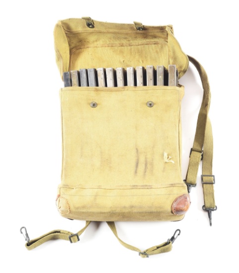 EXTREMELY RARE USMC, WWII ISSUE TAN CANVAS BACKPACK WITH 12 JOHNSON MACHINE GUN MAGAZINES.