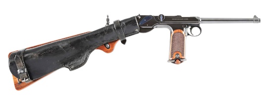 (A) LOEWE C93 BORCHARDT SEMI AUTOMATIC PISTOL WITH MANTON RETAILED CASE AND ACCESSORIES.