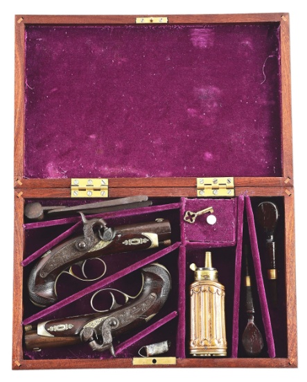 (A) LOT OF 2: CASED PAIR OF LINCOLN SIZED DERINGER PERCUSSION PISTOLS.