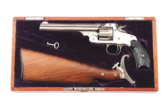 (A) CASED SMITH & WESSON NO. 3 NEW MODEL SINGLE ACTION REVOLVER WITH STOCK.