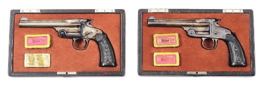 (C) LOT OF 2: PAIR OF CASED PRESENTATION SECOND MODEL SMITH & WESSON SINGLE SHOT PISTOLS.
