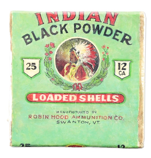 VINTAGE ROBIN HOOD "INDIAN" BLACK POWDER SHOT SHELL BOX.
