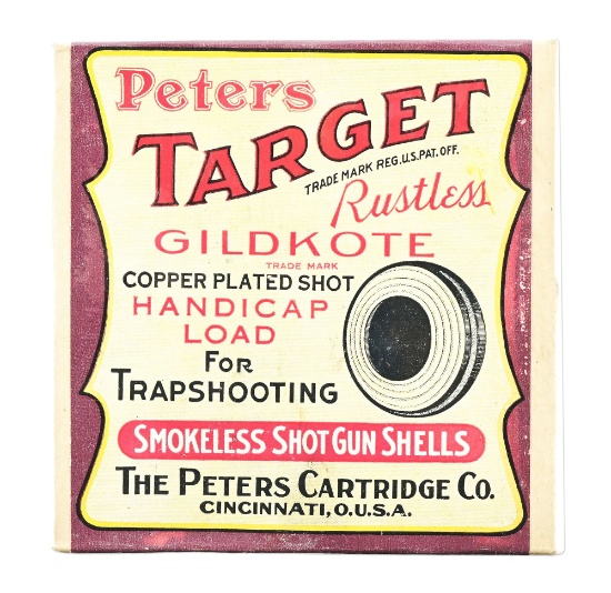VINTAGE PETERS TARGET HANDICAP LOAD SHOT SHELLS, FULL BOX.