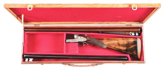 (A) W&C SCOTT PREMIER 12 BORE SIDE BY SIDE SHOTGUN WITH CASE.