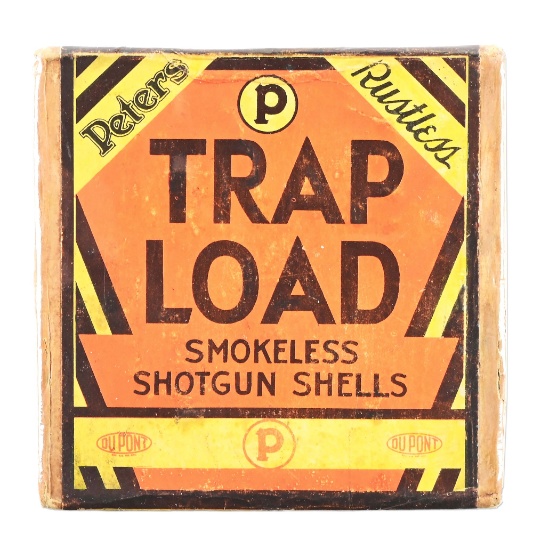 VINTAGE FULL PETERS "TRAP LOAD" SHOT SHELL BOX.