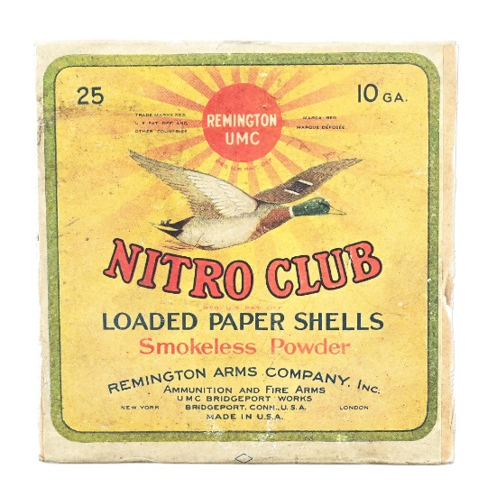 VINTAGE REMINGTON ARMS COMPANY NITRO CLUB SHOT SHELL BOX.