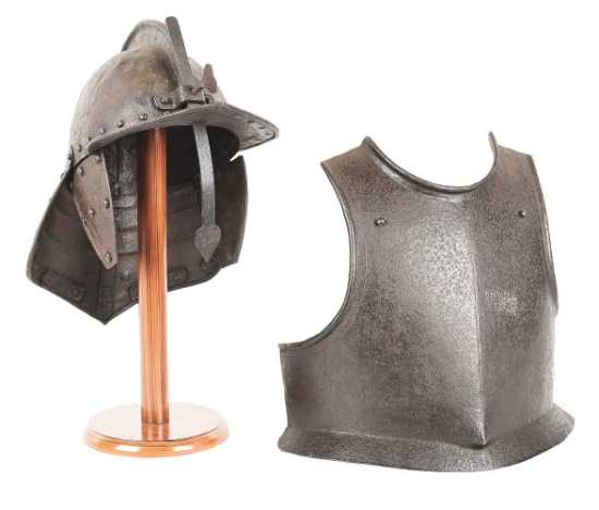 ENGLISH CIVIL WAR PERIOD LOBSTER TAIL HELMET AND BREASTPLATE.