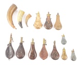 LOT OF 14: 19TH CENTURY POWDER HORNS AND POWDER FLASKS.