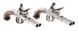 (A) A SCARCE PAIR OF MATCHING BUNNEY DOUBLE BARREL MUFF PISTOLS WITH EYE CATCHING SILVER INLAY AND S