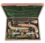 (A) EXTREMELY RARE CASED SET OF 4 BELGIAN PERCUSSION PISTOLS.