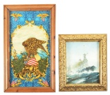 LOT OF 2: BRITISH NAVAL PAINTING AND US NAVAL THEMED TAPESTRY.
