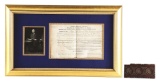 LOT OF 2: JOHN QUINCY ADAMS SIGNED LAND DOCUMENT AND MAHOGANY BEDSTEAD RELIC.