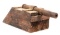 SMALL HOMEMADE TOY IRON CANNON ON WOOD BASE.