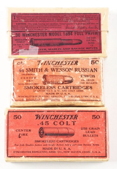 LOT OF 3: ANTIQUE BOXES OF WINCHESTER AMMUNITION.