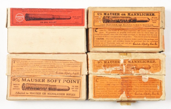 LOT OF 4: VINTAGE BOXES OF 9MM AND 7MM MAUSER AMMUNITION.