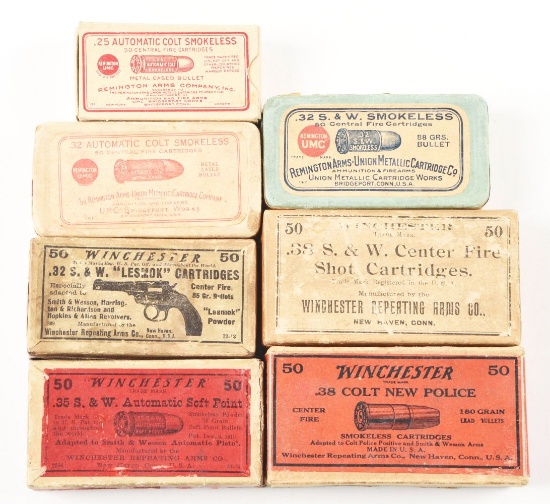LOT OF 7: BOXES OF VINTAGE PISTOL AMMUNITION.
