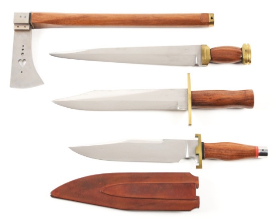 LOT OF 4: CONTEMPORARY KNIVES AND TOMAHAWK.