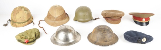 LOT OF WWI-COLD WAR HATS AND HELMETS.