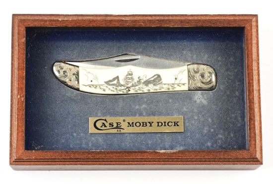 CASE MOBY DICK COMEMMORATIVE FOLDING KNIFE WITH IVORY SCRIMSHAW HANDLE AND SILVER MOUNTS WITH DISPLA