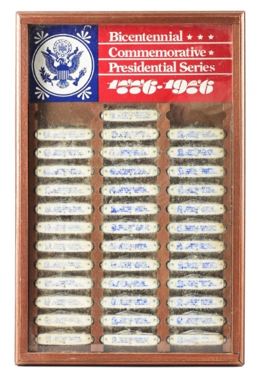 BICENTENNIAL COMMEMORATIVE PRESIDENTIAL SERIES 1776-1986 FRAMED WOOD AND GLASS DISPLAY CONTAINING 37