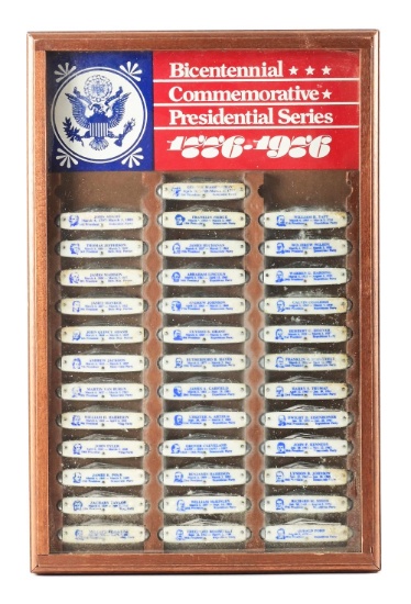 BICENTENNIAL COMMEMORATIVE PRESIDENTIAL SERIES 1776-1986 FRAMED WOOD AND GLASS DISPLAY CONTAINING 37