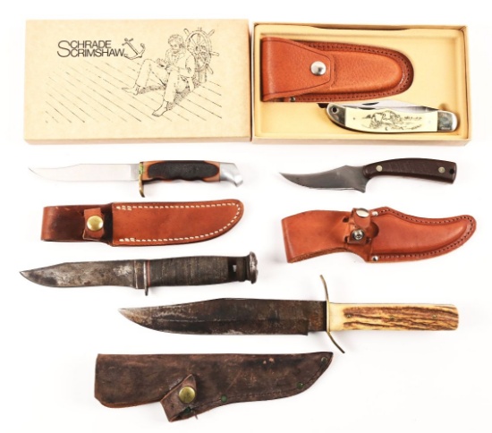 LOT OF 5: 4 FIXED BLADE PLUS 1 BOXED FOLDER.