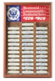 BICENTENNIAL COMMEMORATIVE PRESIDENTIAL SERIES 1776-1986 FRAMED WOOD AND GLASS DISPLAY CONTAINING 37