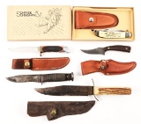 LOT OF 5: 4 FIXED BLADE PLUS 1 BOXED FOLDER.