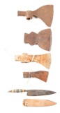 LOT OF 5: AXE HEADS AND KNIFE.