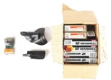 BOX OF AGUILA MINI SHELLS, .22 LR AMMO, AND 2 HOLSTERS