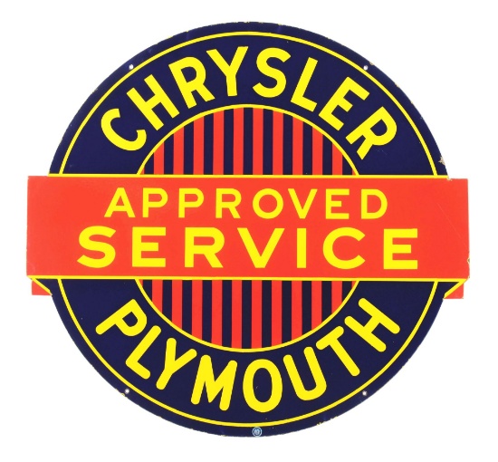 OUTSTANDING CHRYSLER PLYMOUTH AUTOMOBILES APPROVED SERVICE PORCELAIN SIGN.