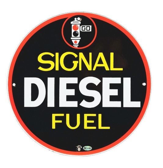 EXCEEDINGLY RARE SIGNAL DIESEL FUEL PORCELAIN PUMP PLATE SIGN W/ STOP LIGHT GRAPHIC.
