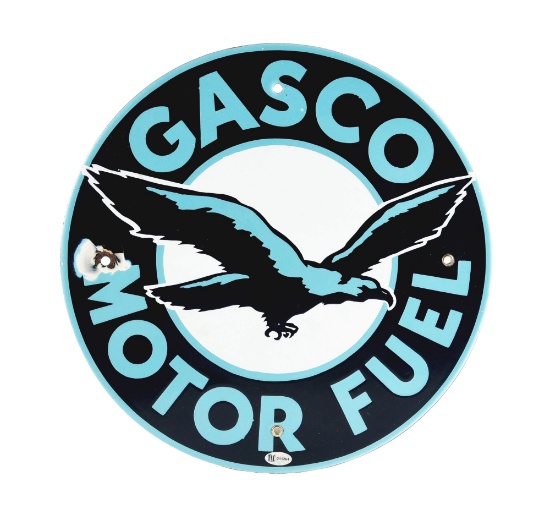 SCARCE GASCO MOTOR FUEL PORCELAIN PUMP PLATE SIGN W/ BIRD GRAPHIC.