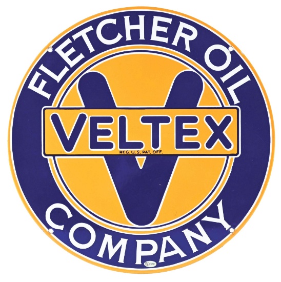 FLETCHER OIL COMPANY VELTEX GASOLINE & MOTOR OILS PORCELAIN SIGN.